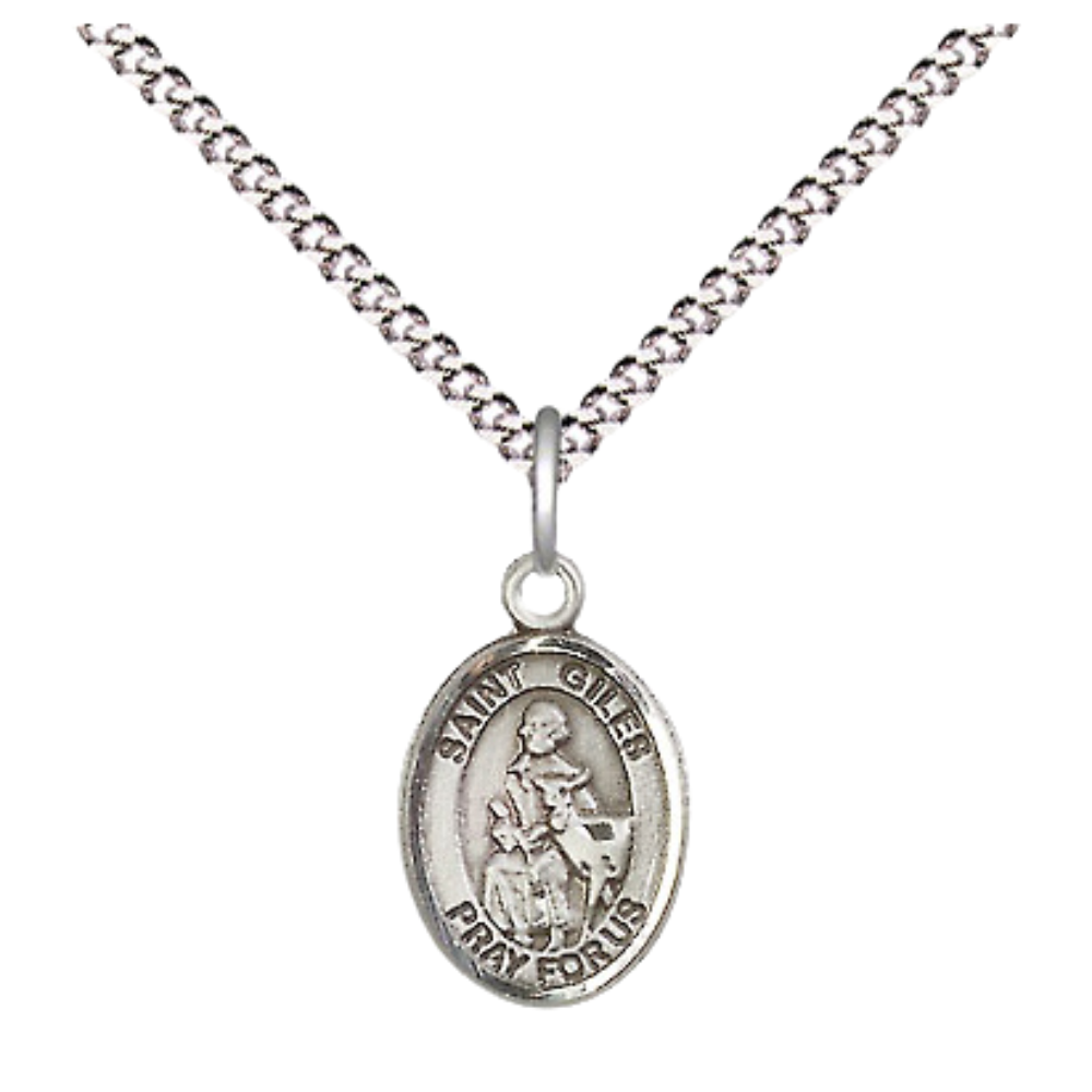 Small Sized Women's Pewter Saint Giles Medal Pendant on 18 Inch Rhodium Plated Lite Curb Brass Chain with Lobster Claw Clasp, Catholic Religious Necklace - Made in USA- Velvet Gift Box