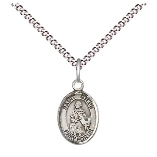 Small Sized Women's Pewter Saint Giles Medal Pendant on 18 Inch Rhodium Plated Lite Curb Brass Chain with Lobster Claw Clasp, Catholic Religious Necklace - Made in USA- Velvet Gift Box