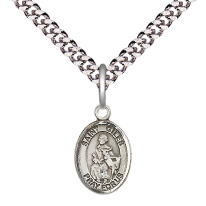 Everlasting Light Jewelry Small Sized Men's Pewter Saint St. Giles Medal Pendant on 24 Inch Endless Rhodium Plated Heavy Curb Brass Chain, Catholic Religious Necklace - Made in USA- Deluxe Velvet Gift Box