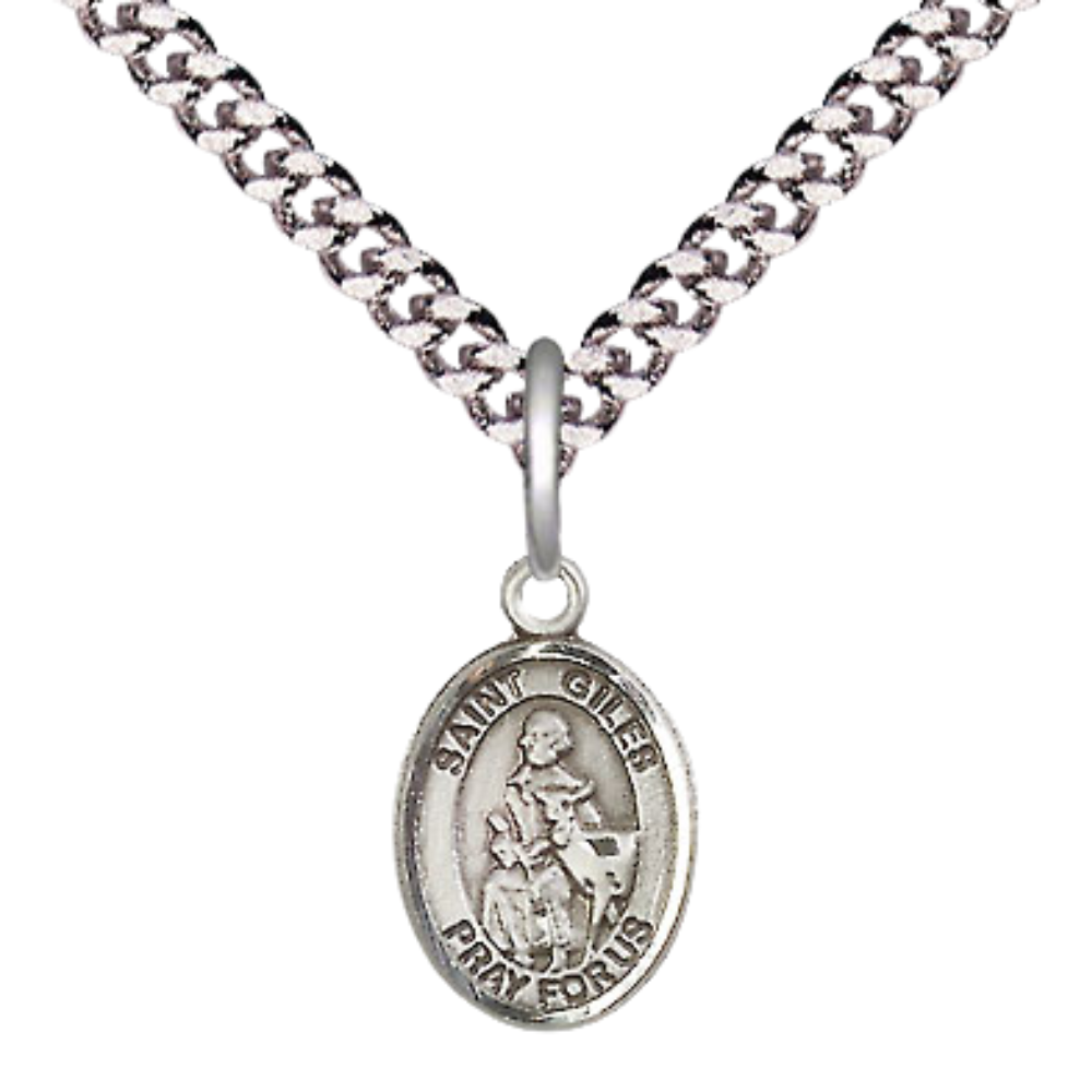 Everlasting Light Jewelry Small Sized Men's Pewter Saint St. Giles Medal Pendant on 24 Inch Endless Rhodium Plated Heavy Curb Brass Chain, Catholic Religious Necklace - Made in USA- Deluxe Velvet Gift Box
