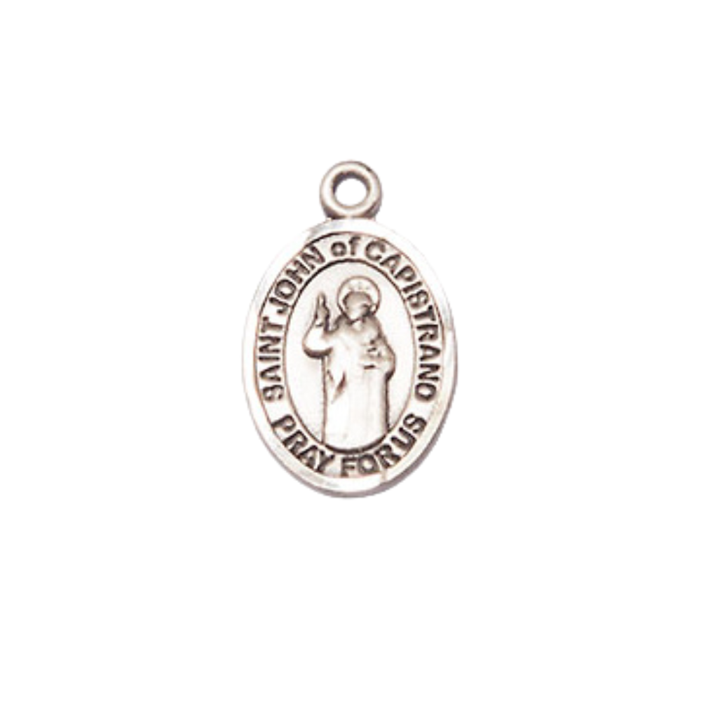 Small Sized Women's Pewter Saint St. John of Capistrano Medal Pendant on 18 Inch Rhodium Plated Lite Curb Brass Chain with Lobster Claw Clasp, Catholic Religious Necklace - Made in USA- Velvet Gift Box
