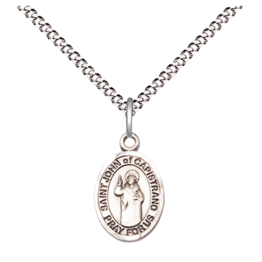 Small Sized Women's .925 Sterling Silver Saint St. John of Capistrano Medal Pendant on 18 Inch Rhodium Plated Lite Curb Brass Chain w/ Lobster Claw Clasp, Catholic Religious Necklace - Made in USA- Velvet Gift Box