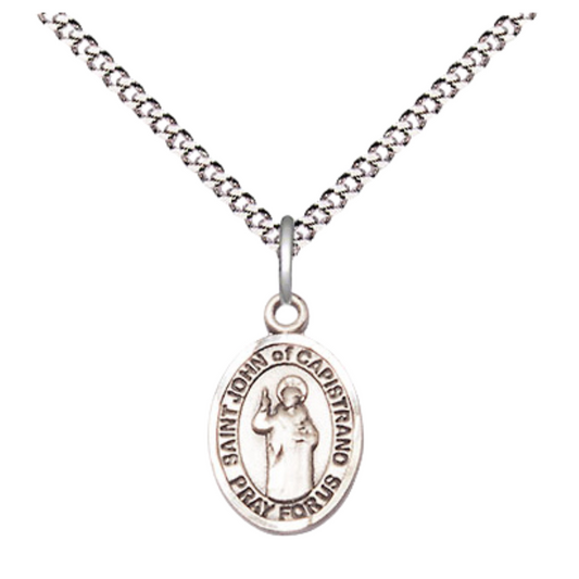 Small Sized Women's Pewter Saint St. John of Capistrano Medal Pendant on 18 Inch Rhodium Plated Lite Curb Brass Chain with Lobster Claw Clasp, Catholic Religious Necklace - Made in USA- Velvet Gift Box