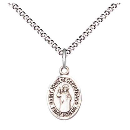 Small Sized Women's Pewter Saint St. John of Capistrano Medal Pendant on 18 Inch Rhodium Plated Lite Curb Brass Chain with Lobster Claw Clasp, Catholic Religious Necklace - Made in USA- Velvet Gift Box
