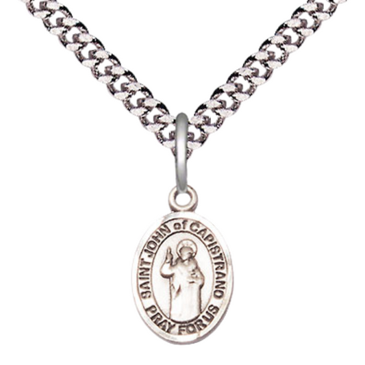 Small Sized Men's Pewter Saint St. John of Capistrano Medal Pendant on 24 Inch Endless Rhodium Plated Heavy Curb Brass Chain, Catholic Religious Necklace - Made in USA- Deluxe Velvet Gift Box