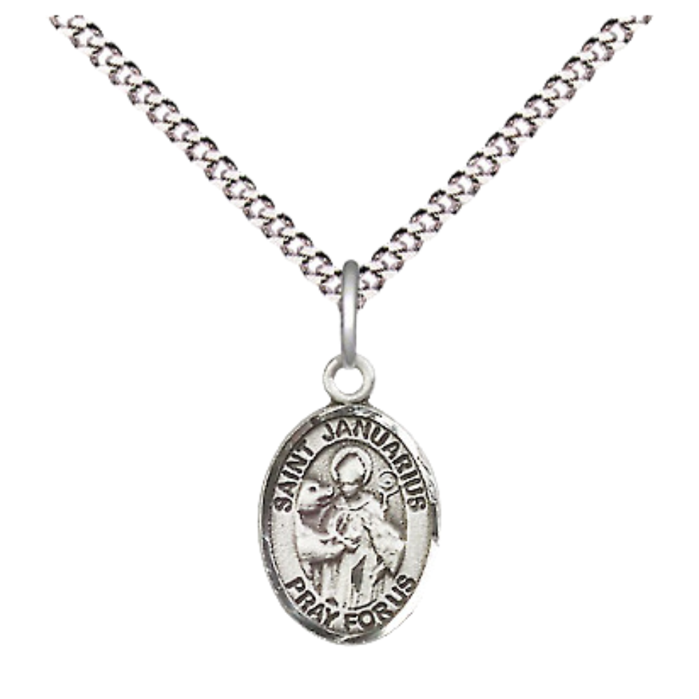 Small Sized Women's .925 Sterling Silver Saint St. Januarius Medal Pendant on 18 Inch Rhodium Plated Lite Curb Brass Chain with Lobster Claw Clasp, Catholic Religious Necklace - Made in USA- Velvet Gift Box