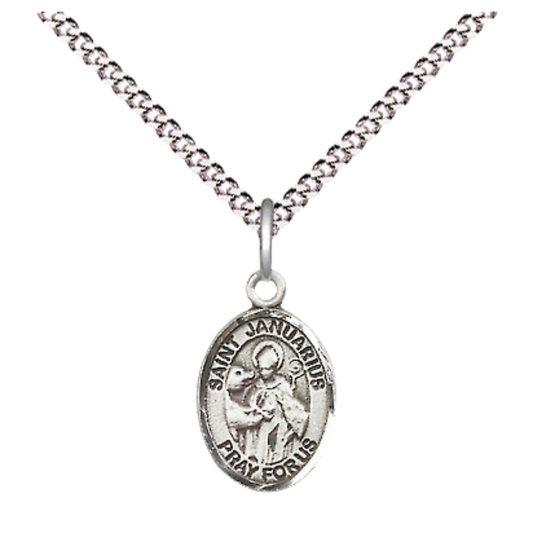 Small Sized Women's .925 Sterling Silver Saint St. Januarius Medal Pendant on 18 Inch Rhodium Plated Lite Curb Brass Chain with Lobster Claw Clasp, Catholic Religious Necklace - Made in USA- Velvet Gift Box