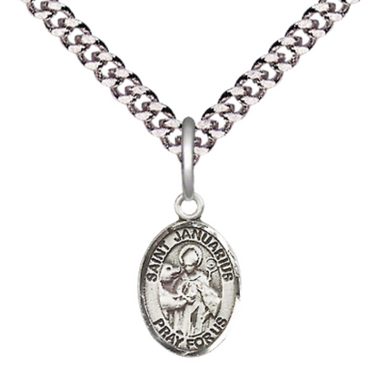 Small Sized Men's Pewter Saint St. Januarius Medal Pendant on 24 Inch Endless Rhodium Plated Heavy Curb Brass Chain, Catholic Religious Necklace - Made in USA- Deluxe Velvet Gift Box