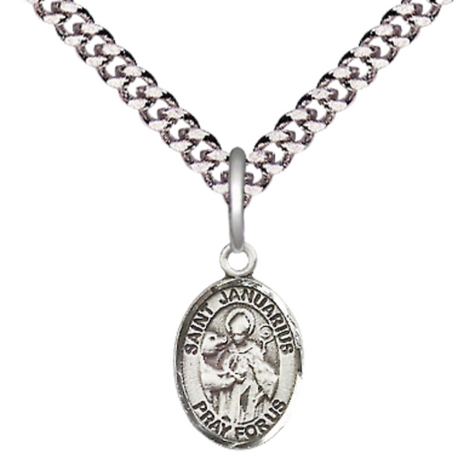 Small Sized Men's .925 Sterling Silver Saint St. Januarius Medal Pendant on 24 Inch Endless Rhodium Plated Heavy Curb Brass Chain, Catholic Religious Necklace - Made in USA- Deluxe Velvet Gift Box