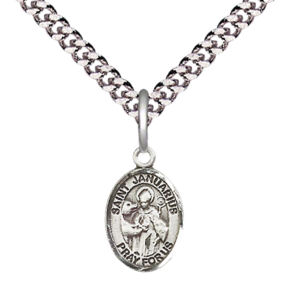 Small Sized Men's Pewter Saint St. Januarius Medal Pendant on 24 Inch Endless Rhodium Plated Heavy Curb Brass Chain, Catholic Religious Necklace - Made in USA- Deluxe Velvet Gift Box