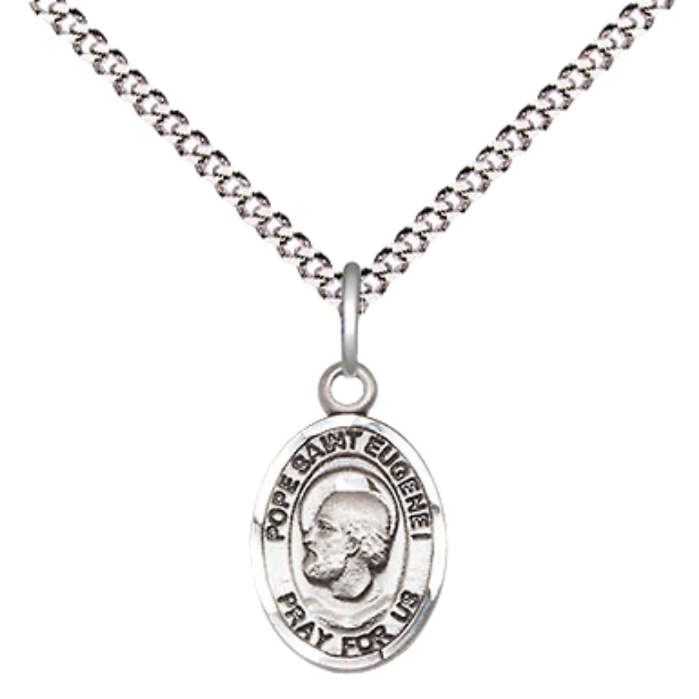 Small Sized Women's Pewter Pope Saint St. Eugene I Medal Pendant on 18 Inch Rhodium Plated Lite Curb Brass Chain with Lobster Claw Clasp, Catholic Religious Necklace - Made in USA- Velvet Gift Box