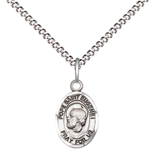Small Sized Women's Pewter Pope Saint St. Eugene I Medal Pendant on 18 Inch Rhodium Plated Lite Curb Brass Chain with Lobster Claw Clasp, Catholic Religious Necklace - Made in USA- Velvet Gift Box