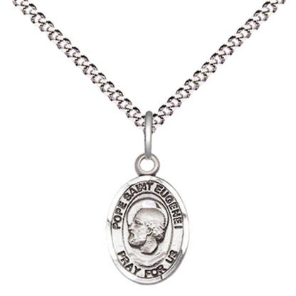 Small Sized Women's .925 Sterling Silver Pope Saint St. Eugene I Medal Pendant on 18 Inch Rhodium Plated Lite Curb Brass Chain with Lobster Claw Clasp, Catholic Religious Necklace - Made in USA- Velvet Gift Box