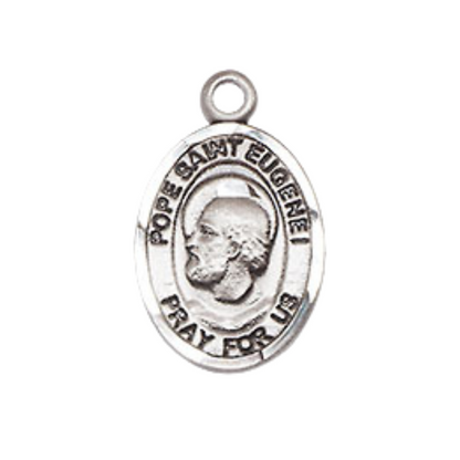 Small Sized Women's Pewter Pope Saint St. Eugene I Medal Pendant on 18 Inch Rhodium Plated Lite Curb Brass Chain with Lobster Claw Clasp, Catholic Religious Necklace - Made in USA- Velvet Gift Box