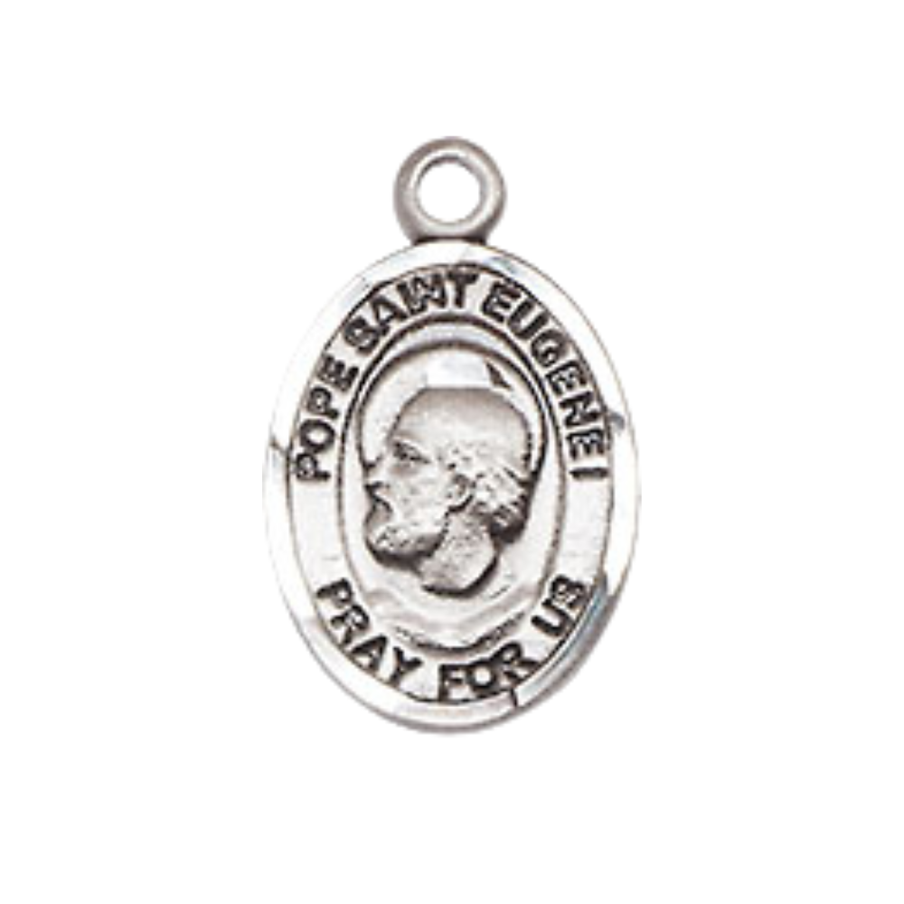 Small Sized Women's .925 Sterling Silver Pope Saint St. Eugene I Medal Pendant on 18 Inch Rhodium Plated Lite Curb Brass Chain with Lobster Claw Clasp, Catholic Religious Necklace - Made in USA- Velvet Gift Box