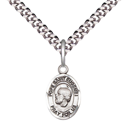 Small Sized Men's Pewter Pope Saint St. Eugene I Medal Pendant on 24 Inch Endless Rhodium Plated Heavy Curb Brass Chain, Catholic Religious Necklace - Made in USA- Deluxe Velvet Gift Box