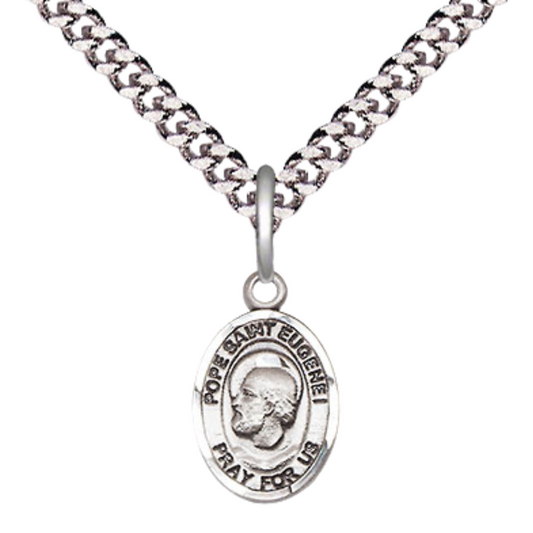 Small Sized Men's Pewter Pope Saint St. Eugene I Medal Pendant on 24 Inch Endless Rhodium Plated Heavy Curb Brass Chain, Catholic Religious Necklace - Made in USA- Deluxe Velvet Gift Box