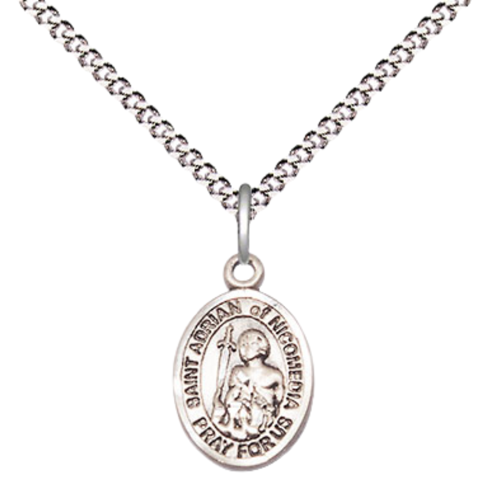 Small Sized Women's .925 Sterling Silver Saint St. Adrian of Nicomedia Medal Pendant on 18 Inch Rhodium Plated Lite Curb Brass Chain with Lobster Claw Clasp, Catholic Religious Necklace - Made in USA- Velvet Gift Box