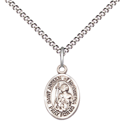 Small Sized Women's .925 Sterling Silver Saint St. Adrian of Nicomedia Medal Pendant on 18 Inch Rhodium Plated Lite Curb Brass Chain with Lobster Claw Clasp, Catholic Religious Necklace - Made in USA- Velvet Gift Box