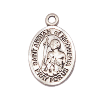 Small Sized Women's .925 Sterling Silver Saint St. Adrian of Nicomedia Medal Pendant on 18 Inch Rhodium Plated Lite Curb Brass Chain with Lobster Claw Clasp, Catholic Religious Necklace - Made in USA- Velvet Gift Box