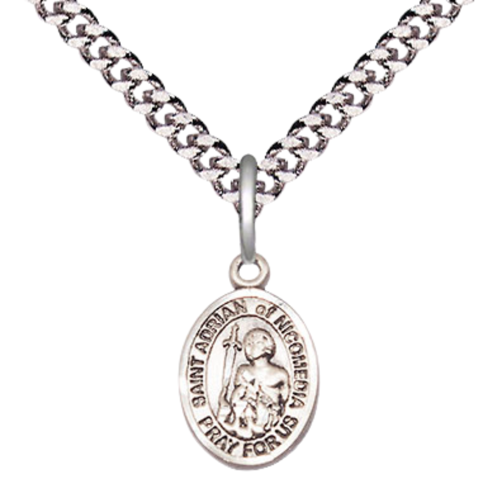 Small Sized Men's Pewter Saint St. Adrian of Nicomedia Medal Pendant on 24 Inch Endless Rhodium Plated Heavy Curb Brass Chain, Catholic Religious Necklace - Made in USA- Deluxe Velvet Gift Box