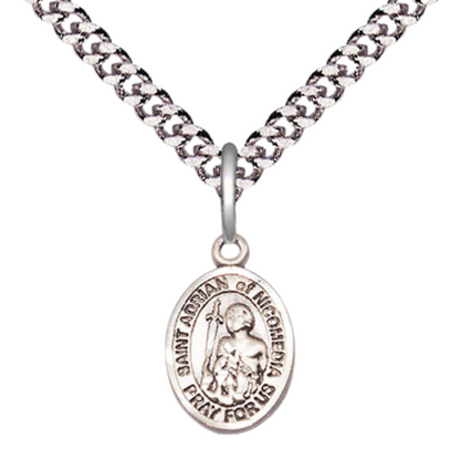 Small Sized Men's Pewter Saint St. Adrian of Nicomedia Medal Pendant on 24 Inch Endless Rhodium Plated Heavy Curb Brass Chain, Catholic Religious Necklace - Made in USA- Deluxe Velvet Gift Box