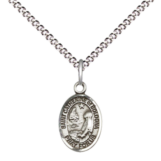 Small Sized Women's .925 Sterling Silver Saint St. Catherine of Bologna Medal Pendant on 18 Inch Rhodium Plated Lite Curb Brass Chain with Lobster Claw Clasp, Catholic Religious Necklace - Made in USA- Velvet Gift Box