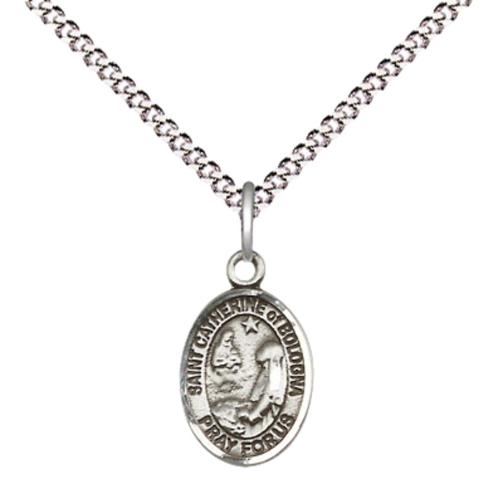 Small Sized Women's Pewter Saint St. Catherine of Bologna Medal Pendant on 18 Inch Rhodium Plated Lite Curb Brass Chain with Lobster Claw Clasp, Catholic Religious Necklace - Made in USA- Velvet Gift Box