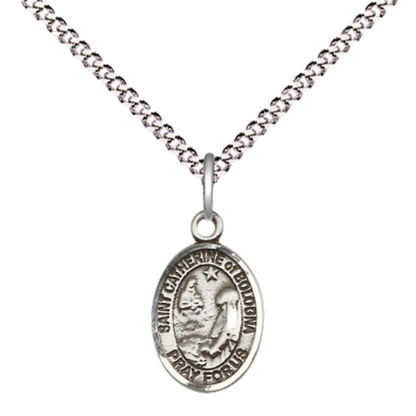 Small Sized Women's .925 Sterling Silver Saint St. Catherine of Bologna Medal Pendant on 18 Inch Rhodium Plated Lite Curb Brass Chain with Lobster Claw Clasp, Catholic Religious Necklace - Made in USA- Velvet Gift Box