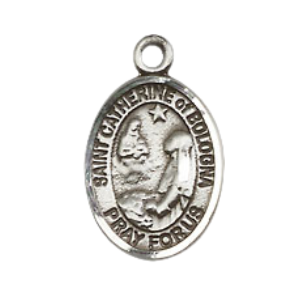Small Sized Women's .925 Sterling Silver Saint St. Catherine of Bologna Medal Pendant on 18 Inch Rhodium Plated Lite Curb Brass Chain with Lobster Claw Clasp, Catholic Religious Necklace - Made in USA- Velvet Gift Box