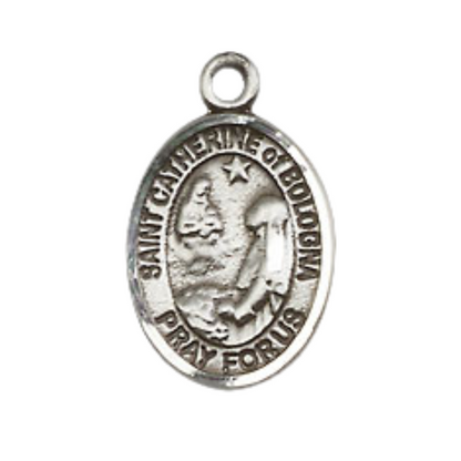 Small Sized Women's .925 Sterling Silver Saint St. Catherine of Bologna Medal Pendant on 18 Inch Rhodium Plated Lite Curb Brass Chain with Lobster Claw Clasp, Catholic Religious Necklace - Made in USA- Velvet Gift Box