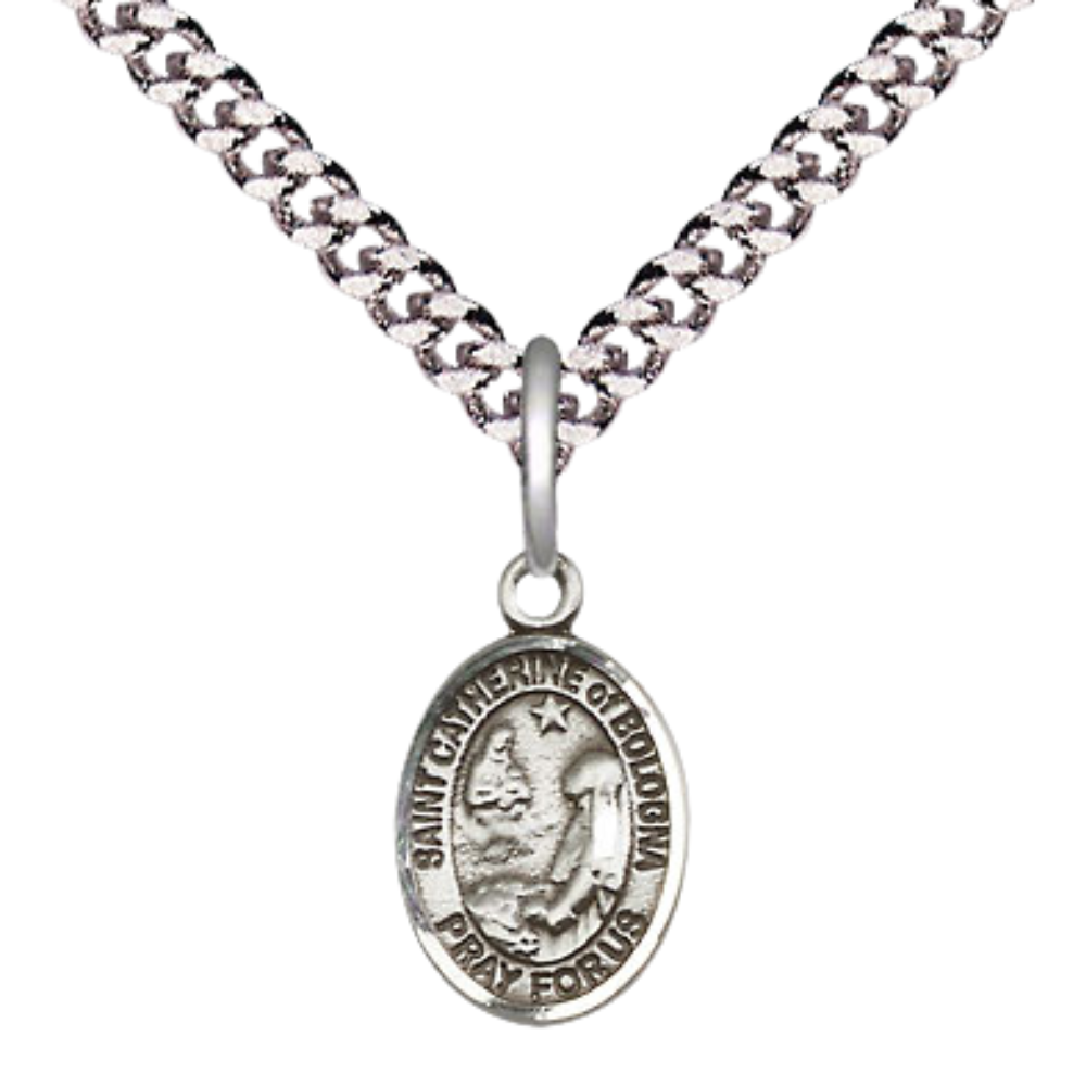 Small Sized Men's Pewter Saint St. Catherine of Bologna Medal Pendant on 24 Inch Endless Rhodium Plated Heavy Curb Brass Chain, Catholic Religious Necklace - Made in USA- Deluxe Velvet Gift Box
