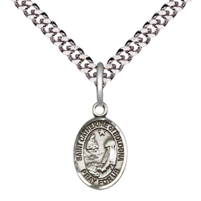 Small Sized Men's Pewter Saint St. Catherine of Bologna Medal Pendant on 24 Inch Endless Rhodium Plated Heavy Curb Brass Chain, Catholic Religious Necklace - Made in USA- Deluxe Velvet Gift Box