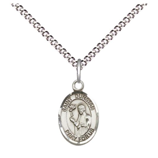 Small Sized Women's .925 Sterling Silver Saint St. Dunstan Medal Pendant on 18 Inch Rhodium Plated Lite Curb Brass Chain with Lobster Claw Clasp, Catholic Religious Necklace - Made in USA- Velvet Gift Box