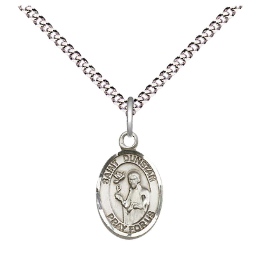 Small Sized Women's Pewter Saint St. Dunstan Medal Pendant on 18 Inch Rhodium Plated Lite Curb Brass Chain with Lobster Claw Clasp, Catholic Religious Necklace - Made in USA- Velvet Gift Box