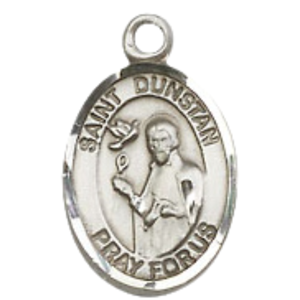 Small Sized Men's .925 Sterling Silver Saint St. Dunstan Medal Pendant on 24 Inch Endless Rhodium Plated Heavy Curb Brass Chain, Catholic Religious Necklace - Made in USA- Deluxe Velvet Gift Box