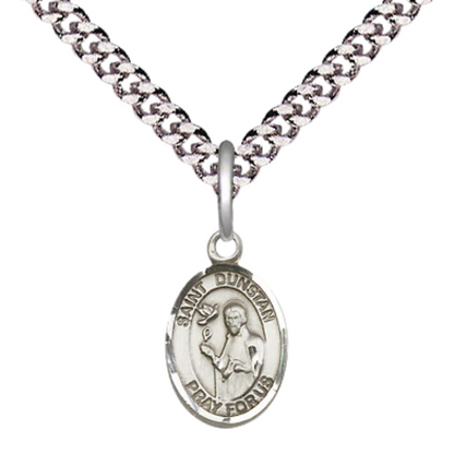Small Sized Men's Pewter Saint St. Dunstan Medal Pendant on 24 Inch Endless Rhodium Plated Heavy Curb Brass Chain, Catholic Religious Necklace - Made in USA- Deluxe Velvet Gift Box