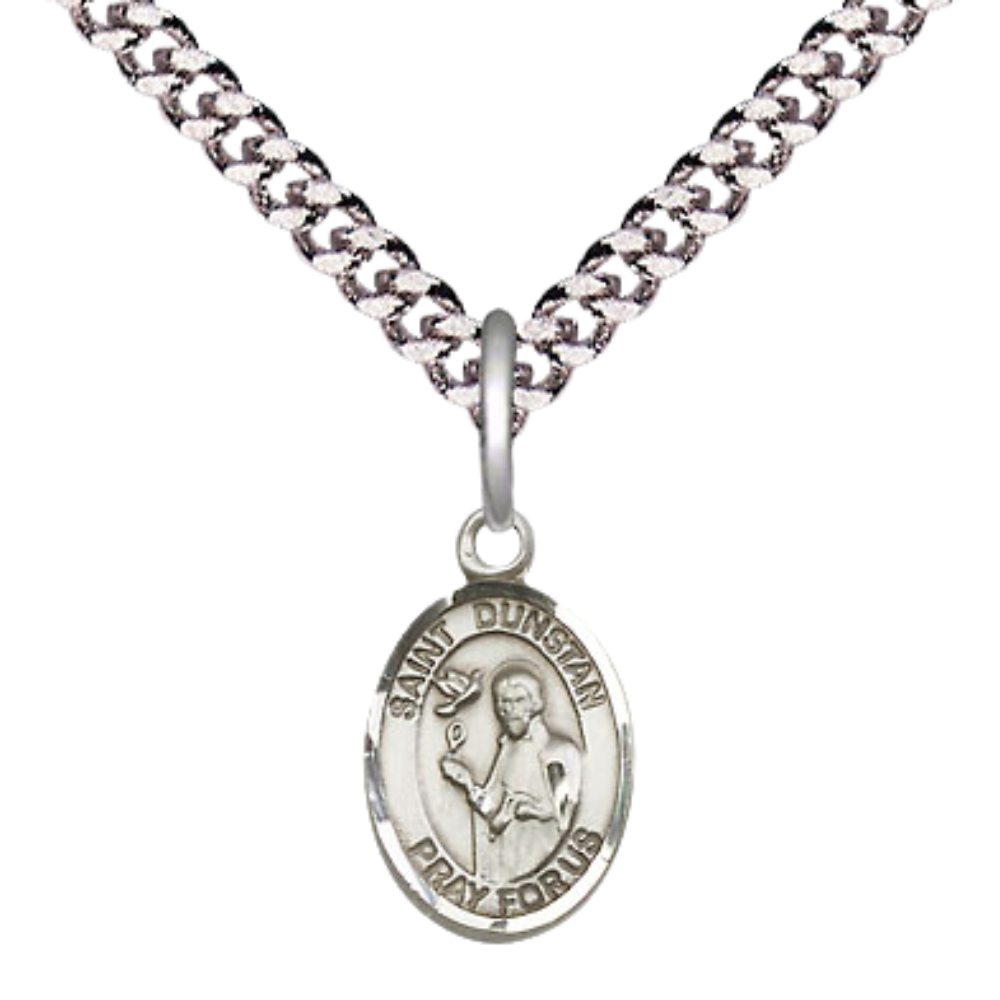 Small Sized Men's Pewter Saint St. Dunstan Medal Pendant on 24 Inch Endless Rhodium Plated Heavy Curb Brass Chain, Catholic Religious Necklace - Made in USA- Deluxe Velvet Gift Box