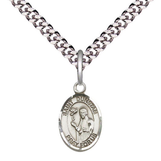 Small Sized Men's Pewter Saint St. Dunstan Medal Pendant on 24 Inch Endless Rhodium Plated Heavy Curb Brass Chain, Catholic Religious Necklace - Made in USA- Deluxe Velvet Gift Box