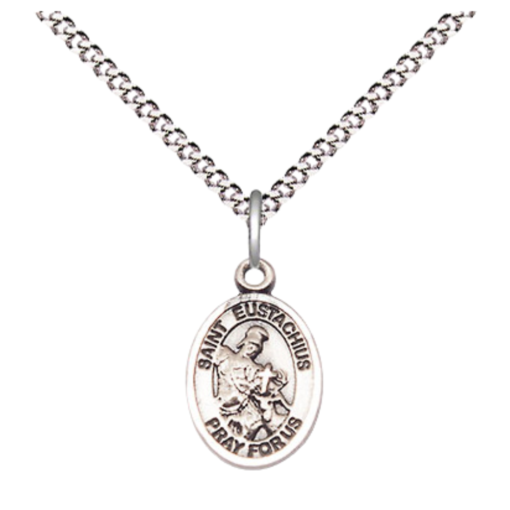 Small Sized Women's Pewter Saint St. Eustachius Medal Pendant on 18 Inch Rhodium Plated Lite Curb Brass Chain with Lobster Claw Clasp, Catholic Religious Necklace - Made in USA- Velvet Gift Box