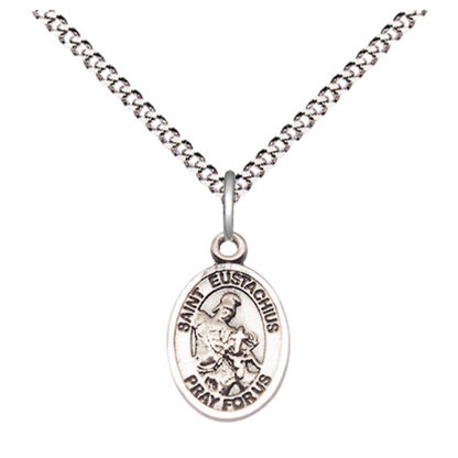 Small Sized Women's Pewter Saint St. Eustachius Medal Pendant on 18 Inch Rhodium Plated Lite Curb Brass Chain with Lobster Claw Clasp, Catholic Religious Necklace - Made in USA- Velvet Gift Box