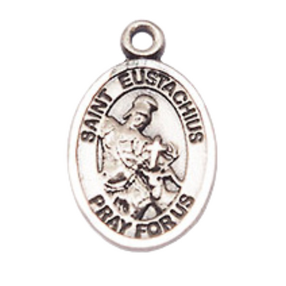 Small Sized Women's Pewter Saint St. Eustachius Medal Pendant on 18 Inch Rhodium Plated Lite Curb Brass Chain with Lobster Claw Clasp, Catholic Religious Necklace - Made in USA- Velvet Gift Box