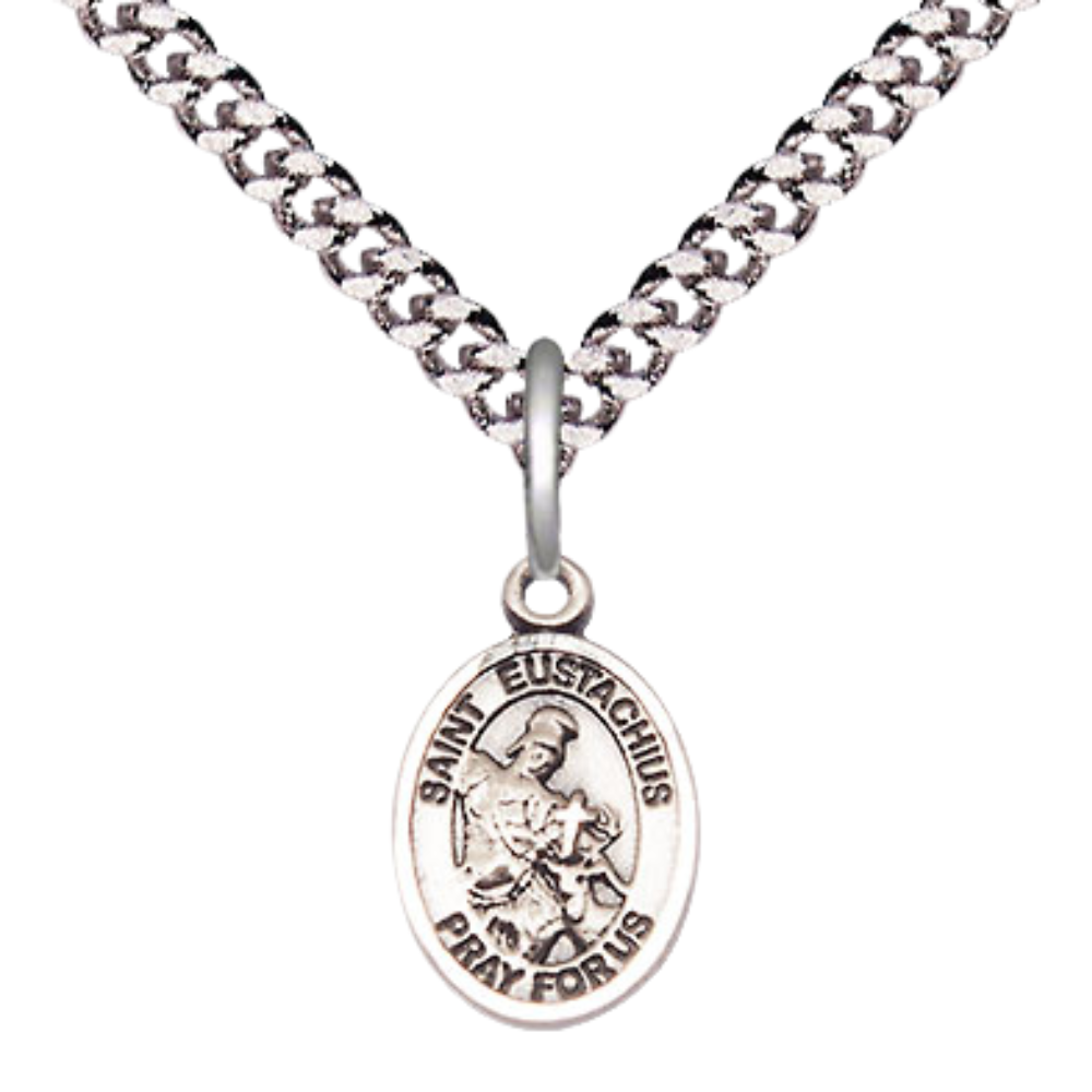 Small Sized Men's Pewter Saint St. Eustachius Medal Pendant on 24 Inch Endless Rhodium Plated Heavy Curb Brass Chain, Catholic Religious Necklace - Made in USA- Deluxe Velvet Gift Box