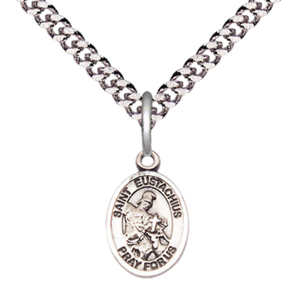Small Sized Men's Pewter Saint St. Eustachius Medal Pendant on 24 Inch Endless Rhodium Plated Heavy Curb Brass Chain, Catholic Religious Necklace - Made in USA- Deluxe Velvet Gift Box