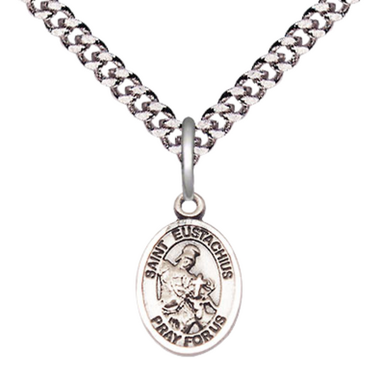 Small Sized Men's Pewter Saint St. Eustachius Medal Pendant on 24 Inch Endless Rhodium Plated Heavy Curb Brass Chain, Catholic Religious Necklace - Made in USA- Deluxe Velvet Gift Box