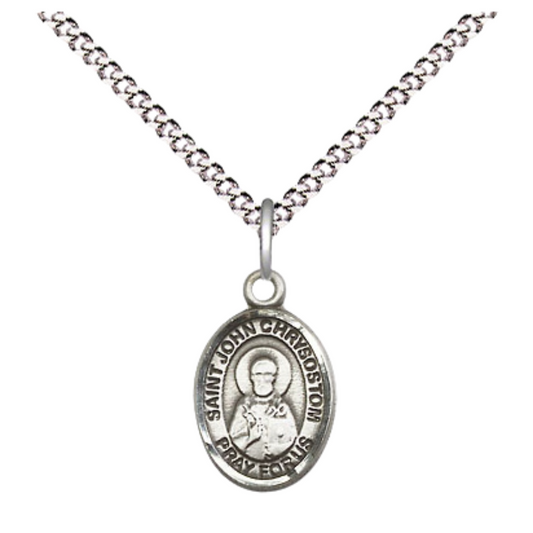 Small Sized Women's Pewter Saint St. John Chrysostom Medal Pendant on 18 Inch Rhodium Plated Lite Curb Brass Chain with Lobster Claw Clasp, Catholic Religious Necklace - Made in USA- Velvet Gift Box