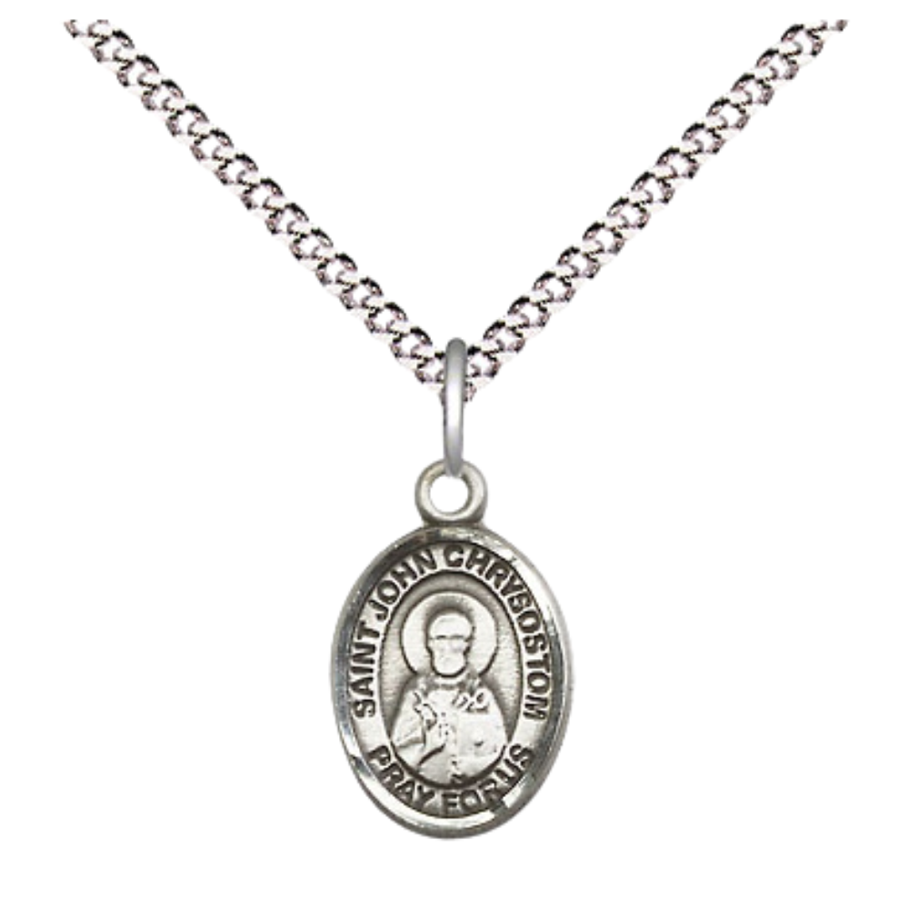 Small Sized Women's .925 Sterling Silver Saint St. John Chrysostom Medal Pendant on 18 Inch Rhodium Plated Lite Curb Brass Chain with Lobster Claw Clasp, Catholic Religious Necklace - Made in USA- Velvet Gift Box