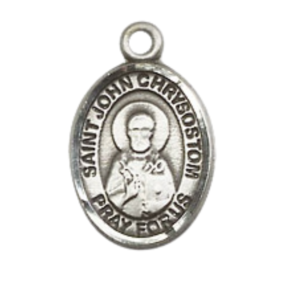 Small Sized Women's .925 Sterling Silver Saint St. John Chrysostom Medal Pendant on 18 Inch Rhodium Plated Lite Curb Brass Chain with Lobster Claw Clasp, Catholic Religious Necklace - Made in USA- Velvet Gift Box