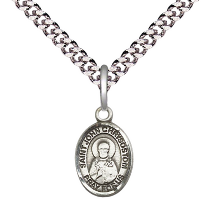 Small Sized Men's Pewter Saint St. John Chrysostom Medal Pendant on 24 Inch Endless Rhodium Plated Heavy Curb Brass Chain, Catholic Religious Necklace - Made in USA- Deluxe Velvet Gift Box