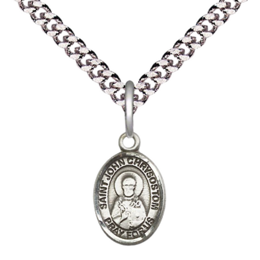 Small Sized Men's Pewter Saint St. John Chrysostom Medal Pendant on 24 Inch Endless Rhodium Plated Heavy Curb Brass Chain, Catholic Religious Necklace - Made in USA- Deluxe Velvet Gift Box